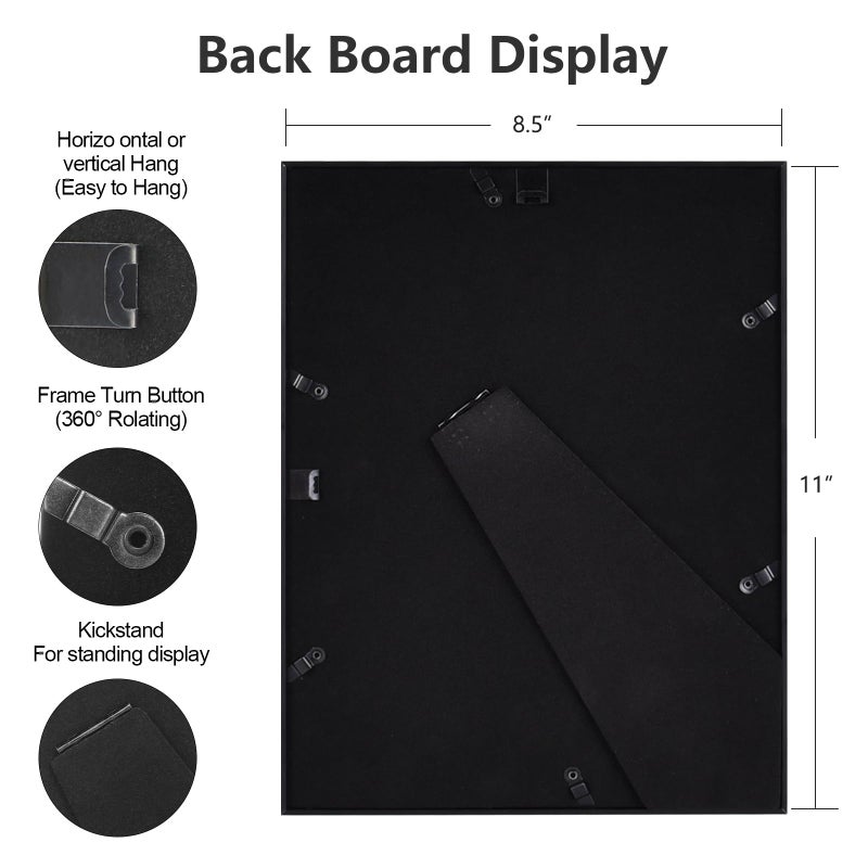 Fkvat 8.5x11 Picture Frame Set of 3, Matte Black Modern Thin Aluminum Metal Photo Frame with HD Glass, Fits 5x7 with Mat or 8.5 x 11 without Mat, for Tabletop and Wall Mounting - Image 3